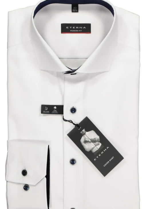ETERNA modern fit overhemd, niet doorschijnend twill heren overhemd, wit (donkerblauw contrast)