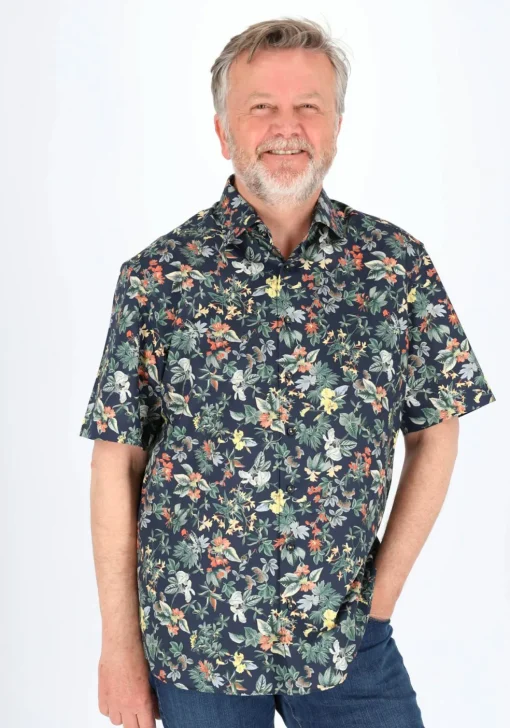 ETERNA modern fit overhemd korte mouw, popeline, donkerblauw bloemen dessin