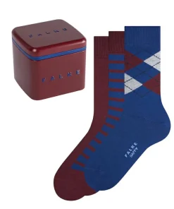 FALKE Happy Box herensokken (3-pack), bordeaux en kobalt, gestreept, geruit en uni