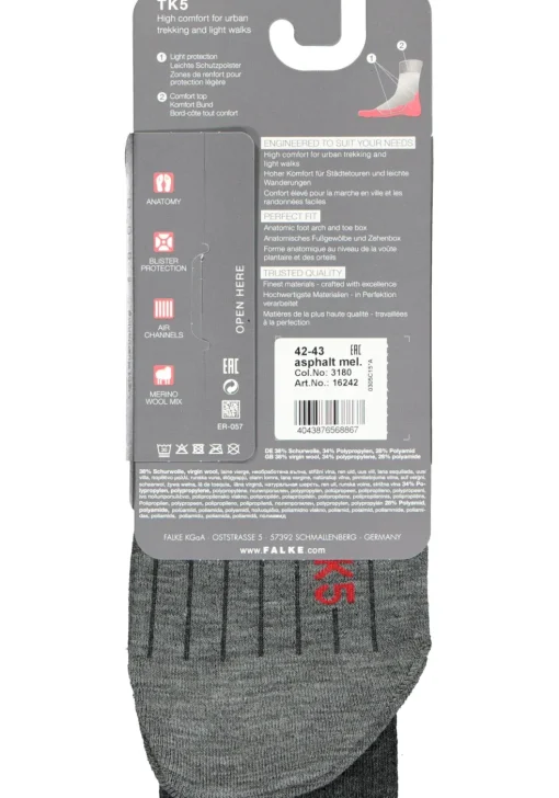 FALKE TK5 heren wandelsokken, antraciet grijs (asphalt melange)