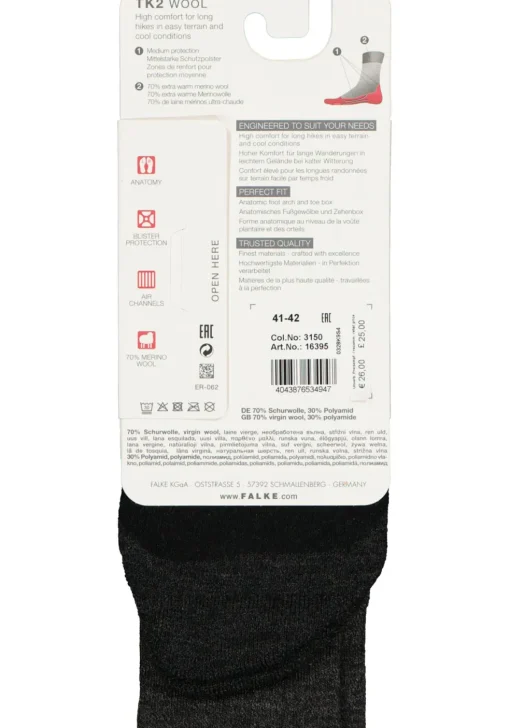 FALKE TK2 Wool dames wandelsokken, antraciet-mix (smog)