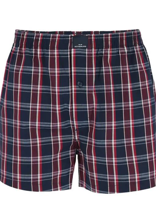 Gotzburg boxershorts geweven (2-pack), heren boxers katoen wijd model, blauw met donkerrood en wit geruit