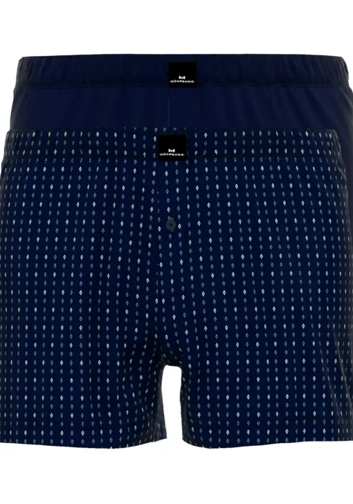 Gotzburg heren boxershorts wijd model met gulp (2-pack), donkerblauw uni en dessin
