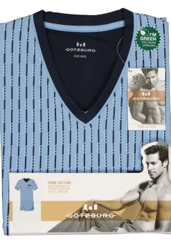 Gotzburg heren nachthemd, V-hals, lichtblauw met blauw en wit dessin