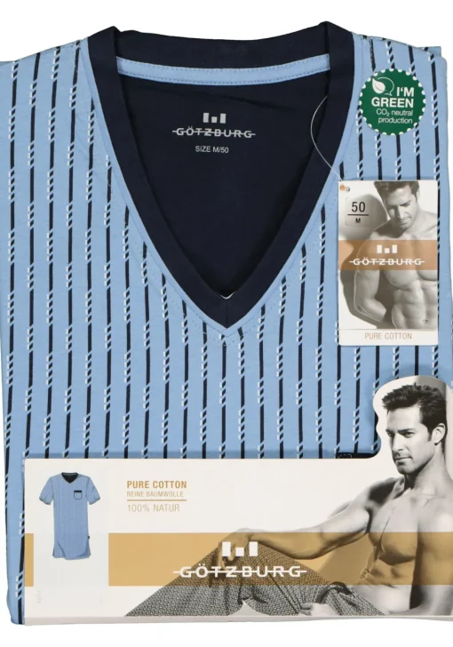 Gotzburg heren nachthemd, V-hals, lichtblauw met blauw en wit dessin