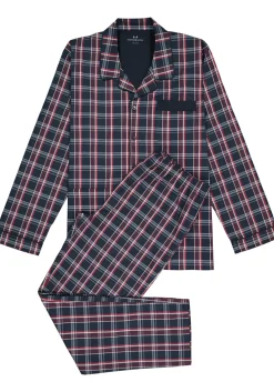 Gotzburg heren pyjama met knopen, geweven heren pyjama niet elastisch, blauw met rood en wit geruit