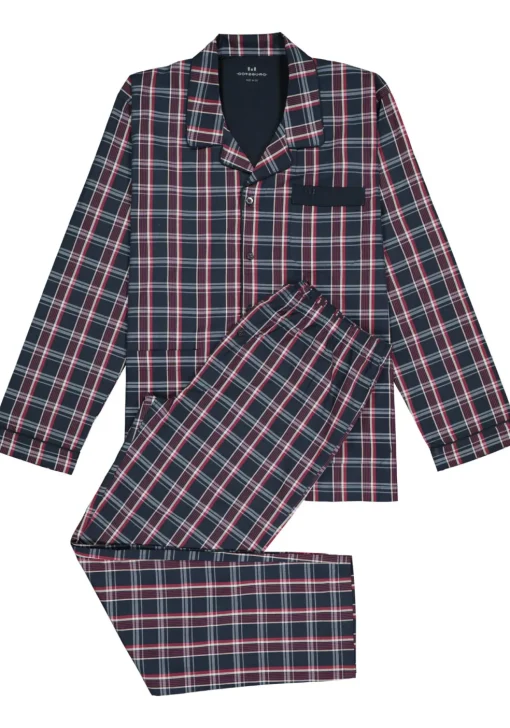 Gotzburg heren pyjama met knopen, geweven heren pyjama niet elastisch, blauw met rood en wit geruit