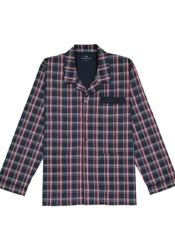 Gotzburg heren pyjama met knopen, geweven heren pyjama niet elastisch, blauw met rood en wit geruit