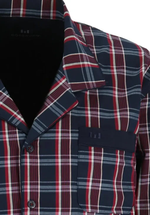 Gotzburg heren pyjama met knopen, geweven heren pyjama niet elastisch, blauw met rood en wit geruit