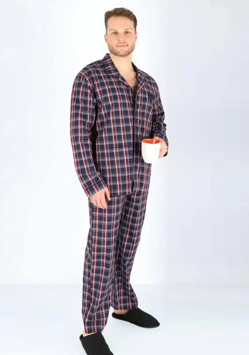 Gotzburg heren pyjama met knopen, geweven heren pyjama niet elastisch, blauw met rood en wit geruit