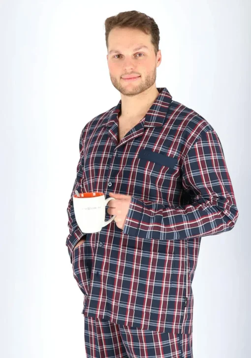 Gotzburg heren pyjama met knopen, geweven heren pyjama niet elastisch, blauw met rood en wit geruit