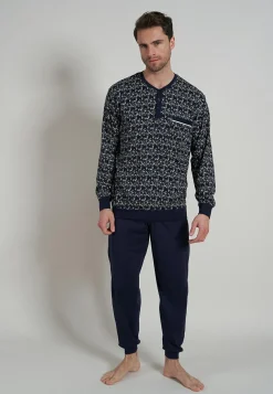 Gotzburg heren pyjama O-hals met knoopjes, middenblauw dessin