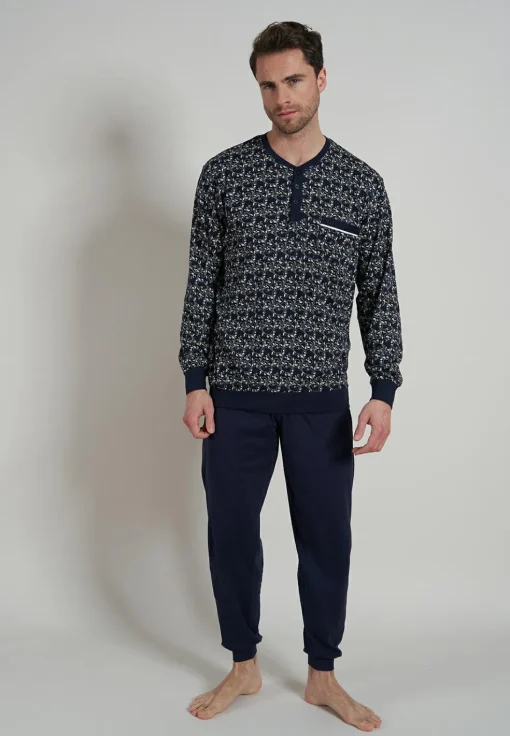 Gotzburg heren pyjama O-hals met knoopjes, middenblauw dessin
