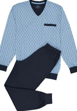 Gotzburg heren pyjama, V-hals, lichtblauw met blauw en wit dessin