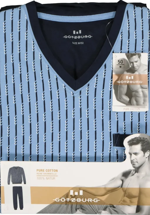 Gotzburg heren pyjama, V-hals, lichtblauw met blauw en wit dessin