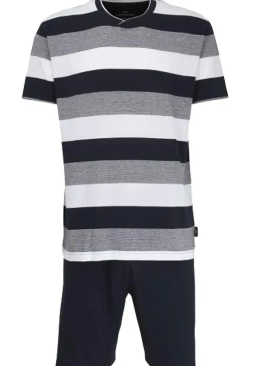 Gotzburg heren shortama V-hals, middenblauw gestreept