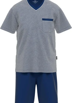 Gotzburg heren shortama V-hals, middenblauw mini dessin