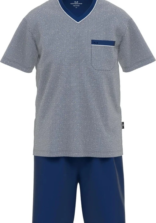 Gotzburg heren shortama V-hals, middenblauw mini dessin