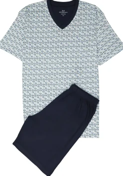 Gotzburg heren shortama V-hals, licht- met donkerblauw en geel dessin