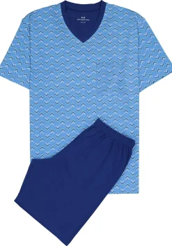 Gotzburg heren shortama V-hals, middenblauw dessin