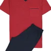 Gotzburg heren shortama, V-hals, rood met blauw en wit dessin