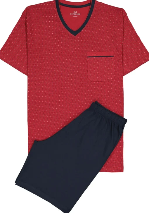 Gotzburg heren shortama, V-hals, rood met blauw en wit dessin