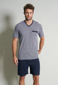 Gotzburg heren shortama V-hals, donkerblauw dessin