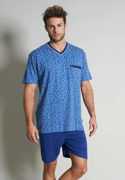 Gotzburg heren shortama V-hals, middenblauw dessin