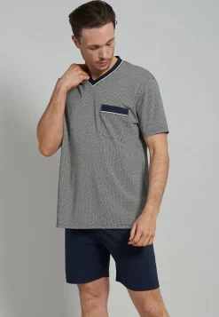 Gotzburg heren shortama V-hals, middenblauw mini dessin