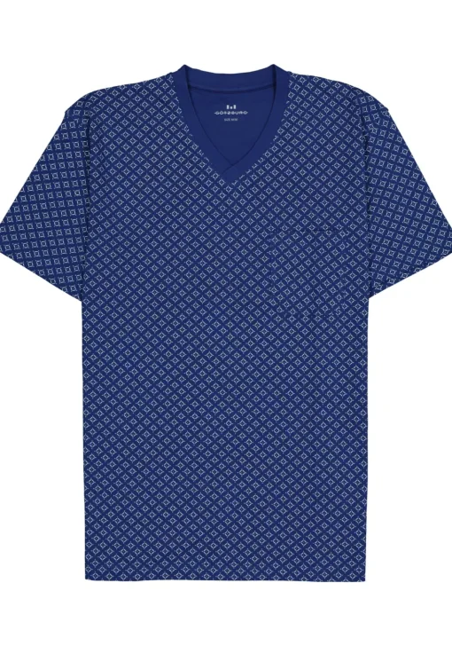 Gotzburg heren shortama V-hals, donkerblauw dessin