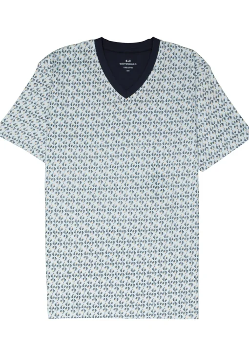 Gotzburg heren shortama V-hals, licht- met donkerblauw en geel dessin