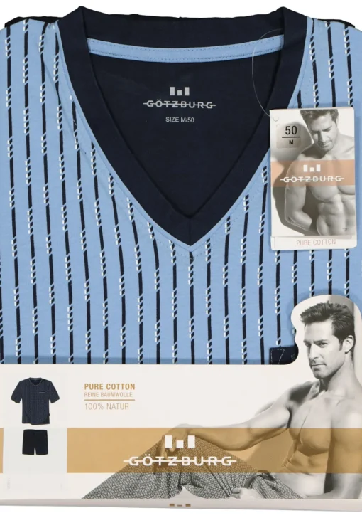 Gotzburg heren shortama, V-hals, lichtblauw met blauw en wit dessin