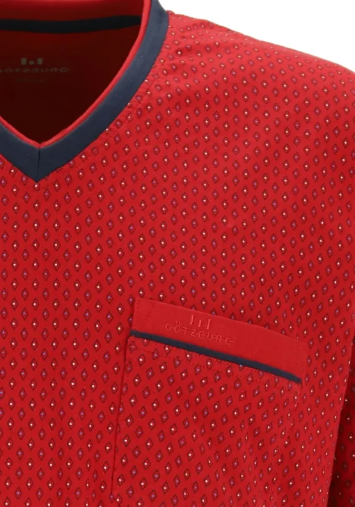 Gotzburg heren shortama, V-hals, rood met blauw en wit dessin