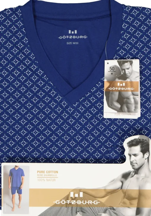 Gotzburg heren shortama V-hals, donkerblauw dessin