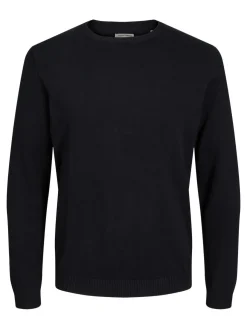 JACK & JONES Basic knit crew neck slim fit, heren pullover katoen met O-hals, zwart