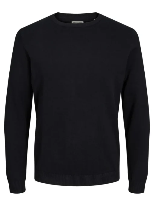 JACK & JONES Basic knit crew neck slim fit, heren pullover katoen met O-hals, zwart