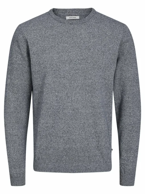 JACK & JONES Basic knit crew neck slim fit, heren pullover katoen met O-hals, blauw samen met offwhite
