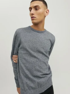 JACK & JONES Basic knit crew neck slim fit, heren pullover katoen met O-hals, blauw samen met offwhite