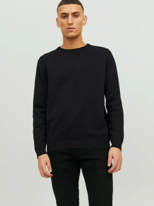 JACK & JONES Basic knit crew neck slim fit, heren pullover katoen met O-hals, zwart