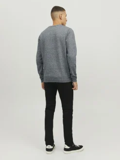 JACK & JONES Basic knit crew neck slim fit, heren pullover katoen met O-hals, blauw samen met offwhite