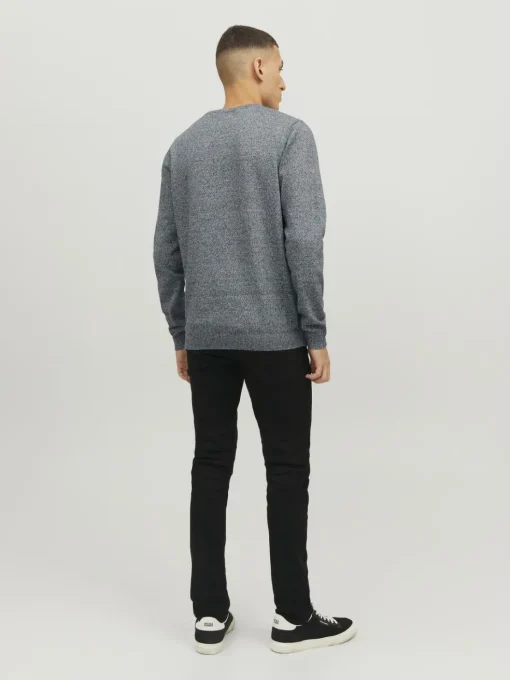 JACK & JONES Basic knit crew neck slim fit, heren pullover katoen met O-hals, blauw samen met offwhite