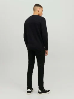 JACK & JONES Basic knit crew neck slim fit, heren pullover katoen met O-hals, zwart