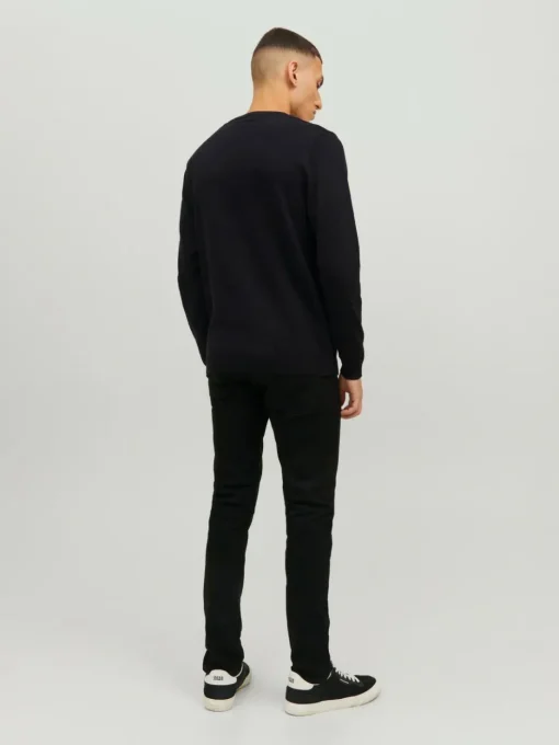 JACK & JONES Basic knit crew neck slim fit, heren pullover katoen met O-hals, zwart
