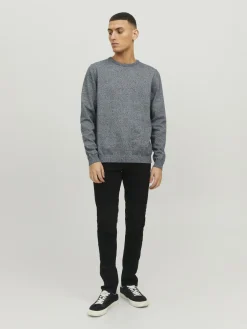JACK & JONES Basic knit crew neck slim fit, heren pullover katoen met O-hals, blauw samen met offwhite