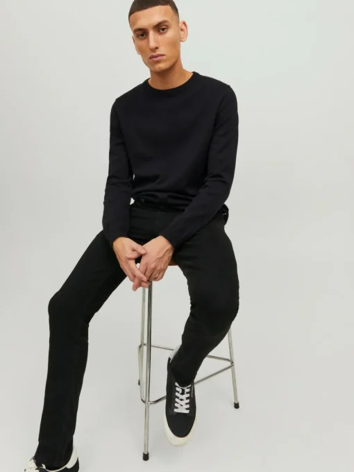 JACK & JONES Basic knit crew neck slim fit, heren pullover katoen met O-hals, zwart