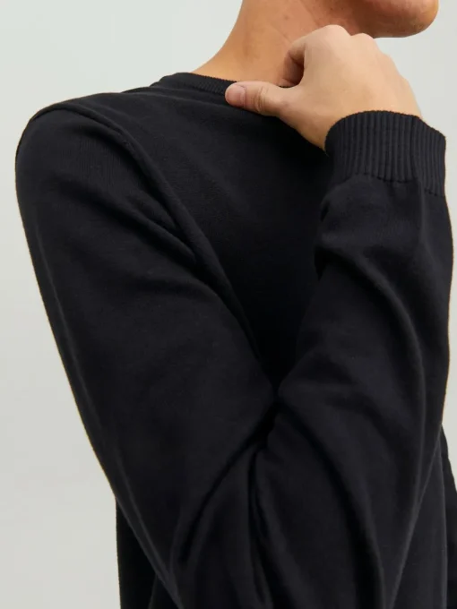 JACK & JONES Basic knit crew neck slim fit, heren pullover katoen met O-hals, zwart