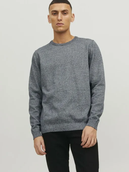 JACK & JONES Basic knit crew neck slim fit, heren pullover katoen met O-hals, blauw samen met offwhite
