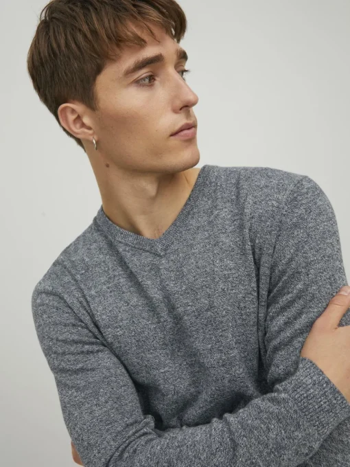 JACK & JONES Basic knit v-neck slim fit, heren pullover katoen met V-hals, blauw samen met offwhite