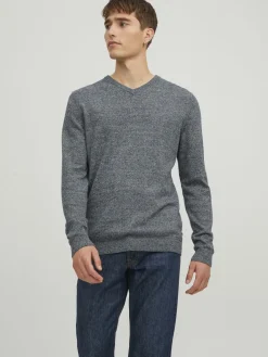 JACK & JONES Basic knit v-neck slim fit, heren pullover katoen met V-hals, blauw samen met offwhite