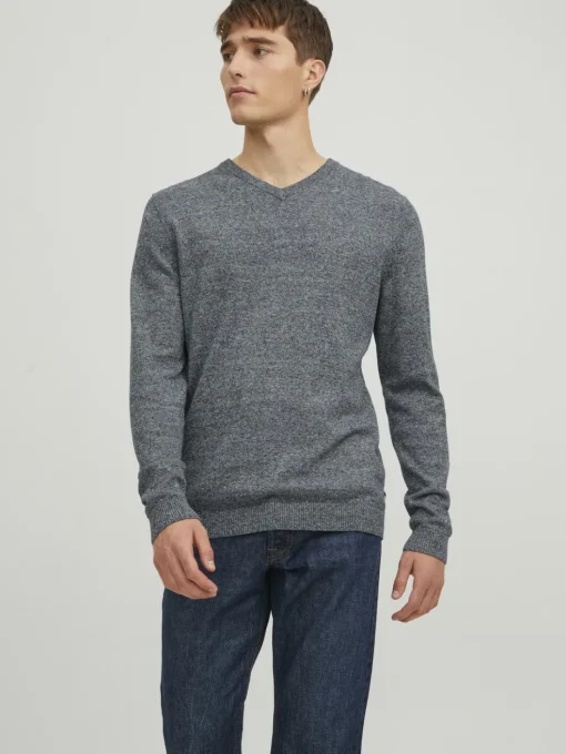 JACK & JONES Basic knit v-neck slim fit, heren pullover katoen met V-hals, blauw samen met offwhite
